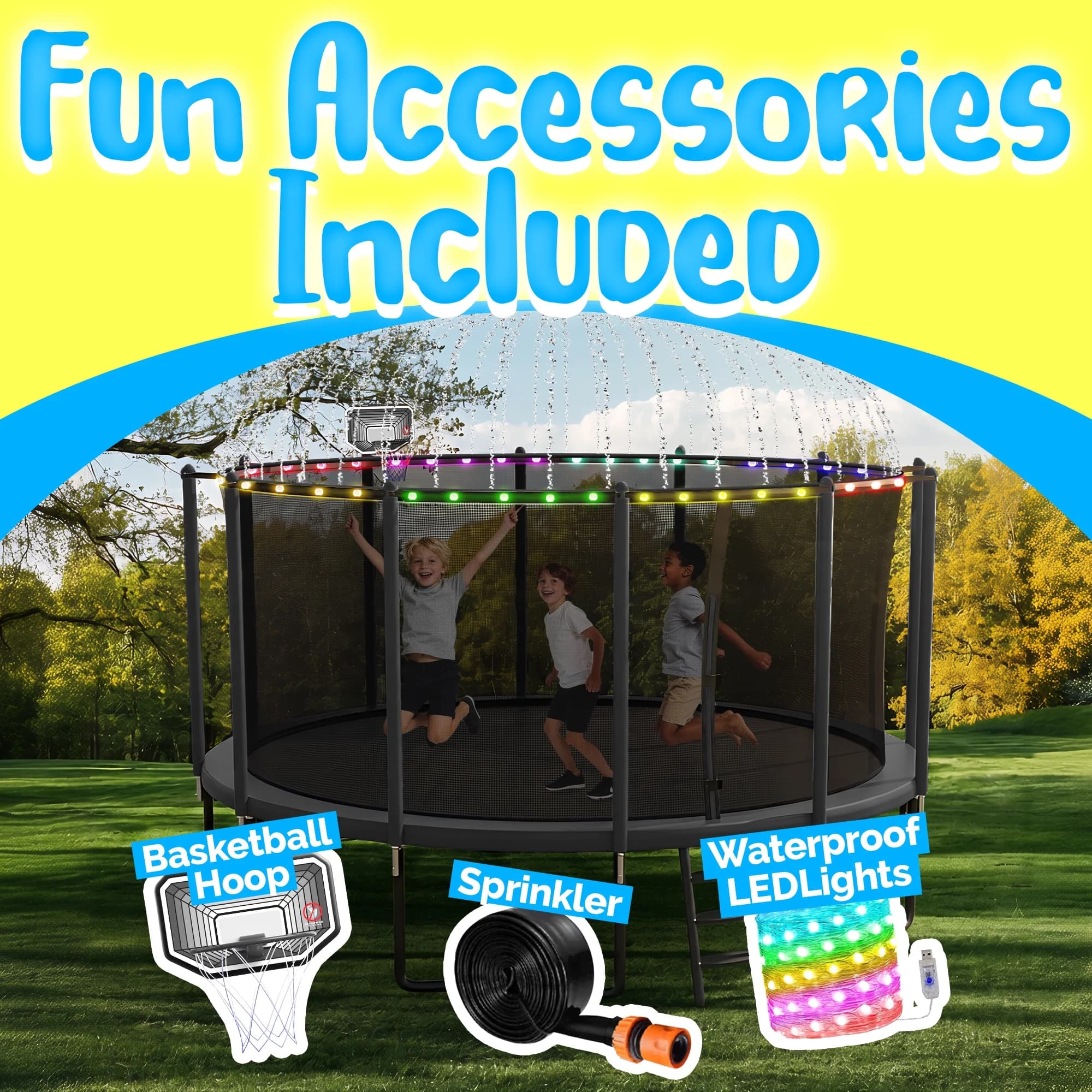 YORIN Trampoline, 1200LBS 12FT 14FT 15FT 16FT Trampoline for 4-5 Kids Adults with Enclosure Net, Basketball Hoop, Ladder, Light, Sprinkler, Outdoor Heavy Duty Round Trampoline