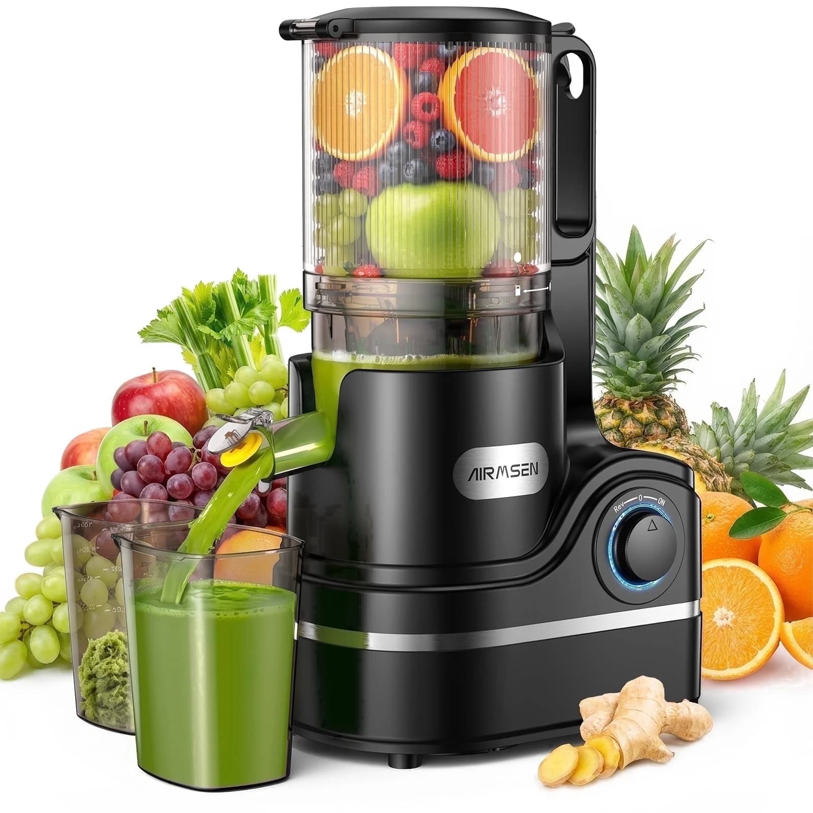 AIRMSEN Cold Press Juicer Machine with 6" Wide Feed Chute, 300W Slow Masticating Juicer, Easy-to-Clean Electric Juicer for Whole Fruits and Vegetables