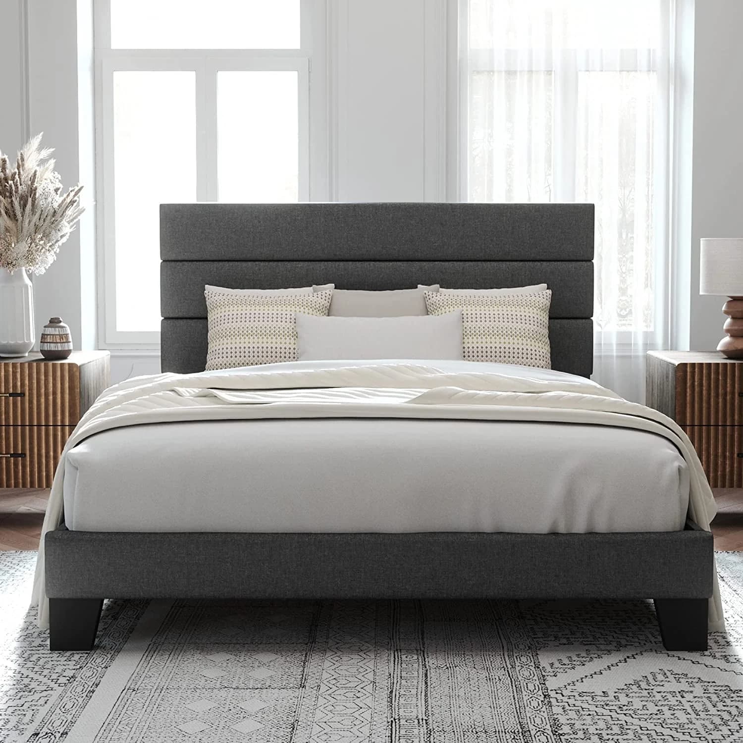 Allewie Queen Size Platform Bed Frame with Fabric Upholstered Headboard, No Box Spring Needed