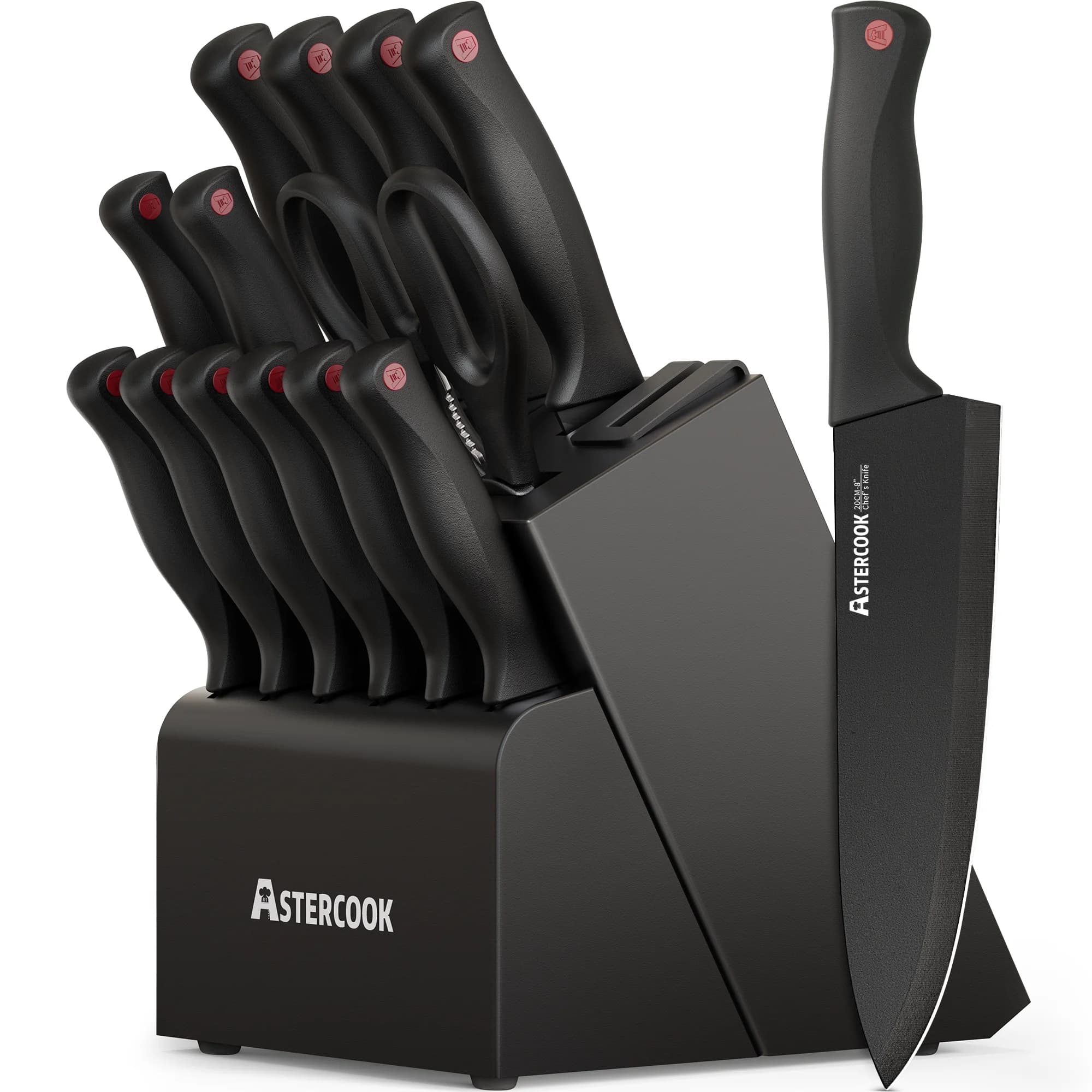 Astercook 14-Piece Kitchen Knife Set, Knives Block Set with Built-in Sharpener, Healthy Anti-Rust Coating & German Stainless Steel Knife Set, Dishwasher Safe Black
