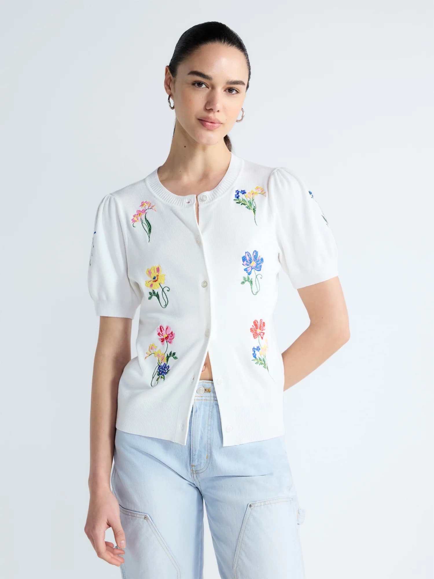 Free Assembly Women's and Women's Plus Embroidered Cardigan Sweater with Puff Sleeves, Lightweight